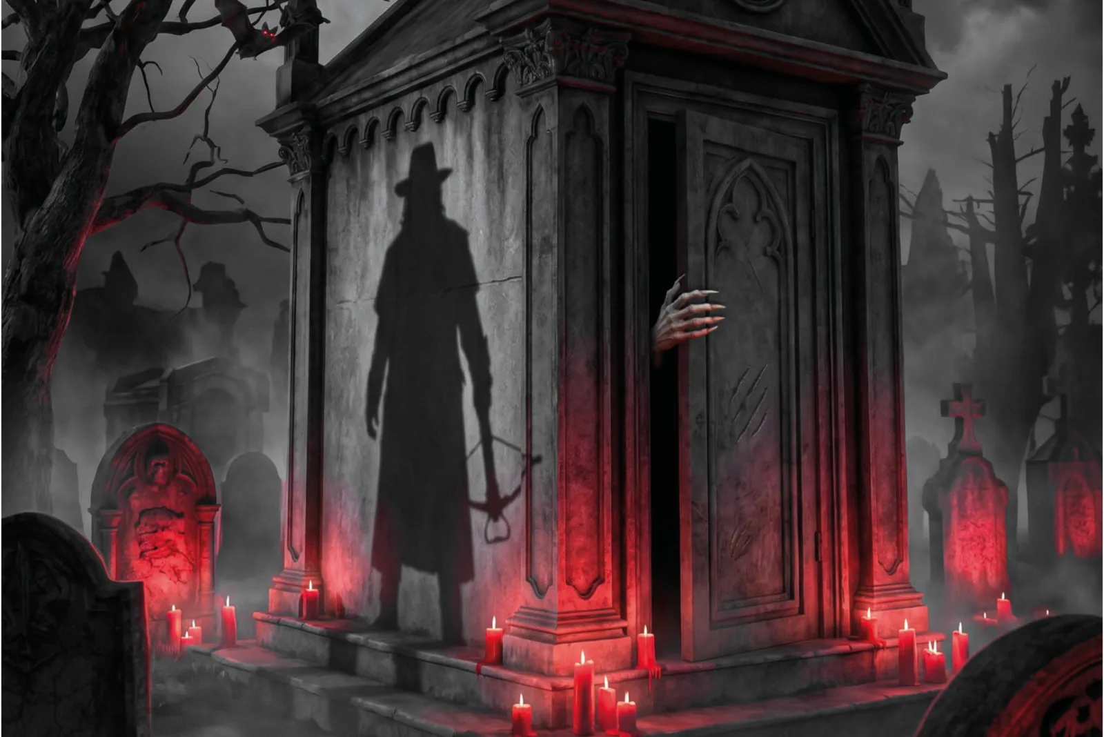 Van Helsing artwork: a hunter in a wide-brimmed hat at a mausoleum door, graves lit red around him